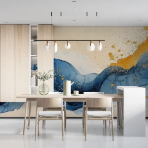 Papier peint abstrait montagnes fluides bleu doré moderne