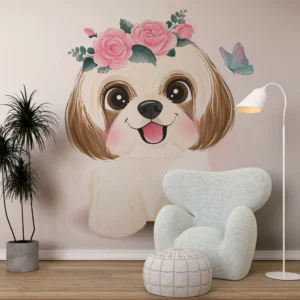 Papier peint adorable chiot Shih Tzu avec couronne de roses