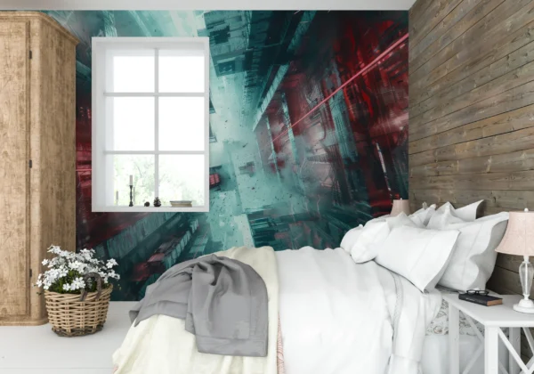 Papier Peint Urbain Futuriste aux Reflets Rouges et Turquoise – Gallery