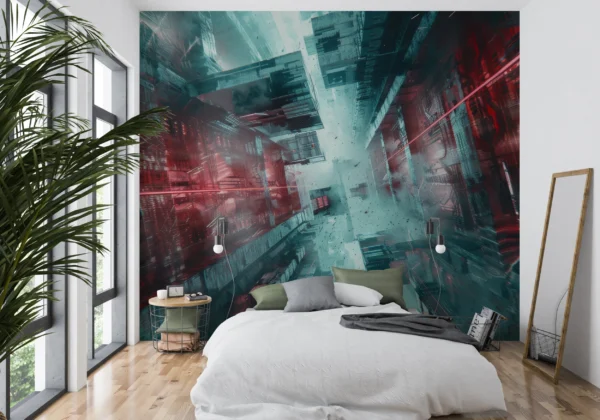 Papier Peint Urbain Futuriste aux Reflets Rouges et Turquoise – Gallery