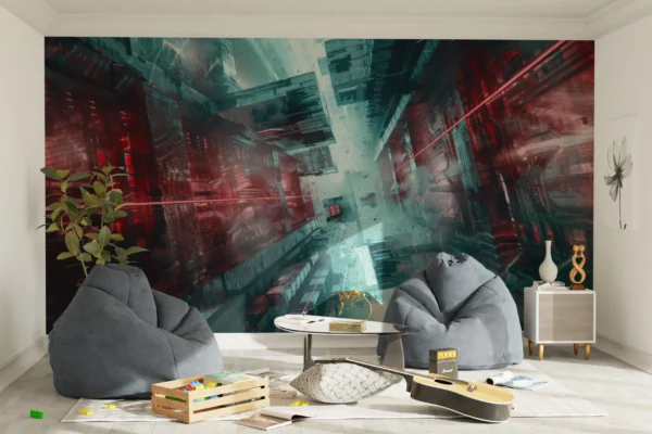 Papier Peint Urbain Futuriste aux Reflets Rouges et Turquoise – Gallery