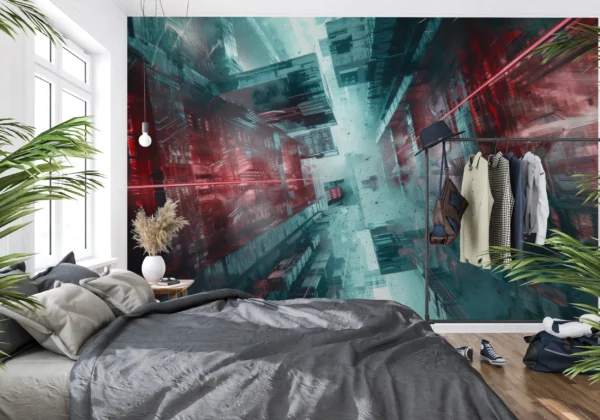 Papier Peint Urbain Futuriste aux Reflets Rouges et Turquoise – Main
