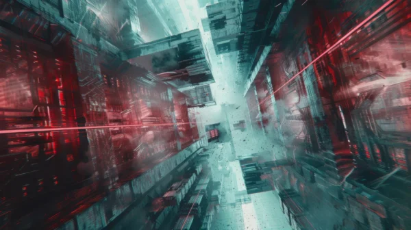 Papier Peint Urbain Futuriste aux Reflets Rouges et Turquoise – Wallpaper