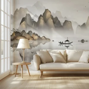 Paysage Zen Asiatique avec Montagne Brumeuse et Lac Paisible