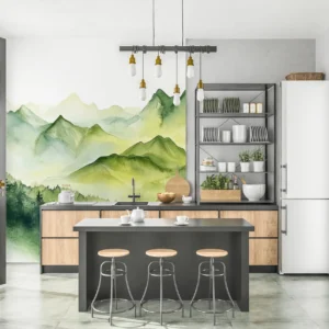 Papier Peint Montagnes Aquarelle Brume Verte Naturelle Panoramique