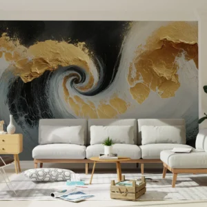 Papier Peint Vagues Dorées Spirale Marine Luxueuse Moderne