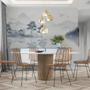 Paysage zen brumeux avec lac et montagnes style aquarelle