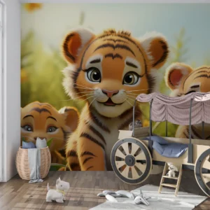 Papier peint enfant tigres mignons dans jardin ensoleillé