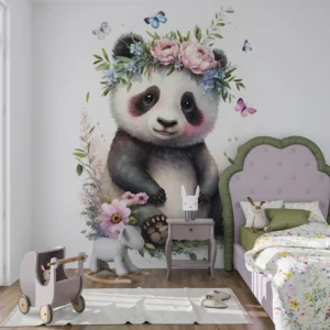 Papier peint panda fleuri avec couronne de pivoines et papillons