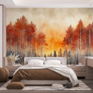 Papier Peint Forêt de Bouleaux Automnale avec Feuillage Flamboyant