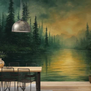 Papier Peint Forêt Mystique avec Reflets Dorés sur Lac