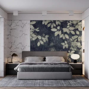 Papier peint vintage feuillage beige sur fond bleu marine texturé