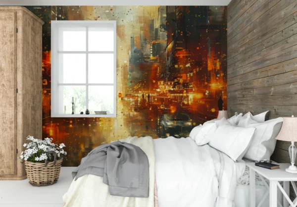 Ville Futuriste Abstraite aux Reflets Dorés et Orangés Lumineux – Gallery
