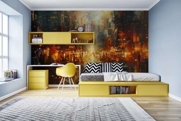 Ville Futuriste Abstraite aux Reflets Dorés et Orangés Lumineux – Main