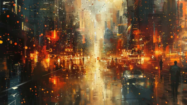 Ville Futuriste Abstraite aux Reflets Dorés et Orangés Lumineux – Wallpaper