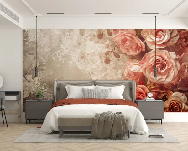 Papier peint vintage roses romantiques fond grunge beige rosé – Main