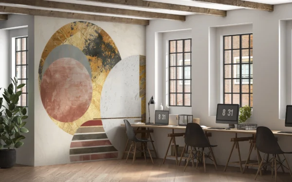 Papier Peint Abstrait Moderne Cercles Dorés et Formes Géométriques – Gallery