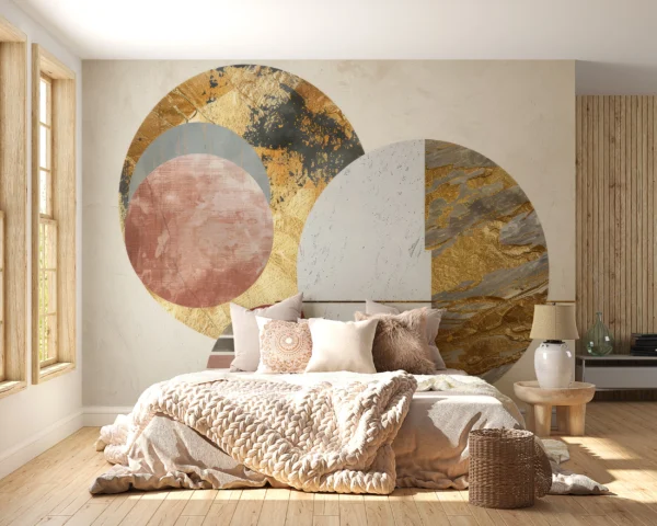 Papier Peint Abstrait Moderne Cercles Dorés et Formes Géométriques – Gallery