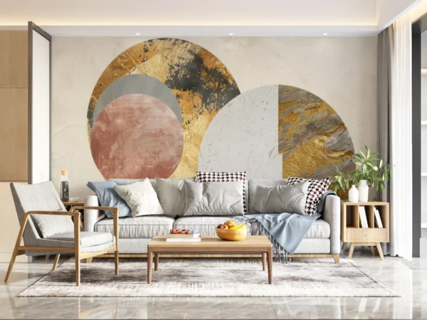 Papier Peint Abstrait Moderne Cercles Dorés et Formes Géométriques – Gallery