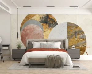 Papier Peint Abstrait Moderne Cercles Dorés et Formes Géométriques – Main