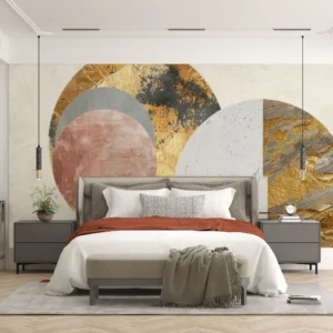 Papier Peint Abstrait Moderne Cercles Dorés et Formes Géométriques