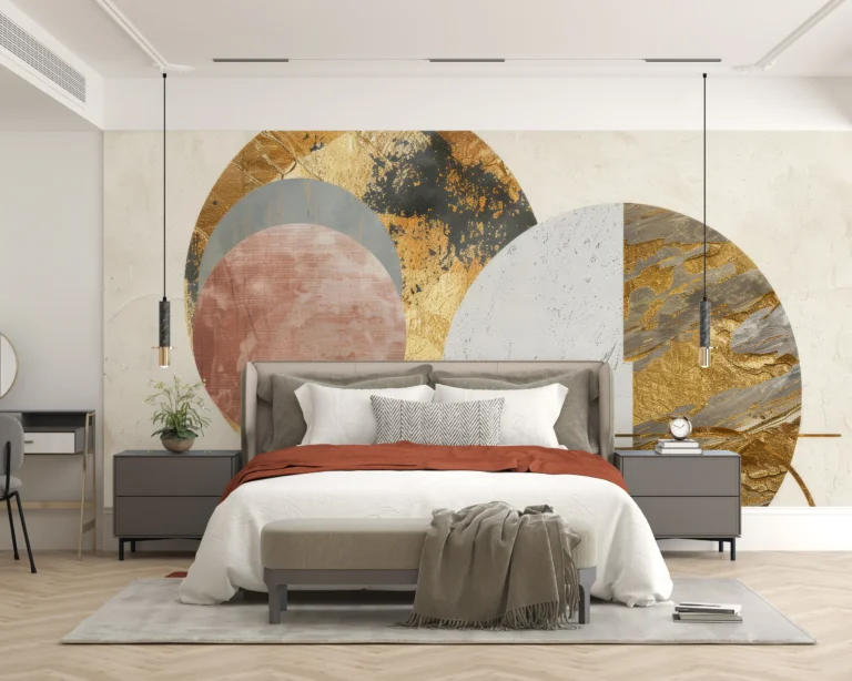 Papier Peint Abstrait Moderne Cercles Dorés et Formes Géométriques – Main