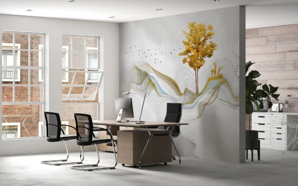 Papier peint abstrait doré avec arbre et cerfs silhouettes – Gallery