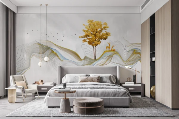 Papier peint abstrait doré avec arbre et cerfs silhouettes – Gallery
