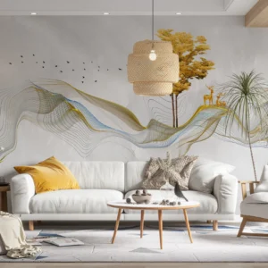 Papier peint abstrait doré avec arbre et cerfs silhouettes