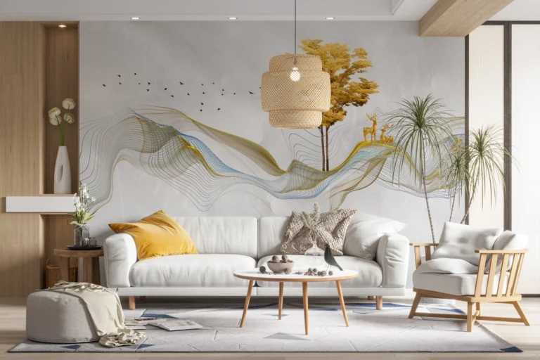 Papier peint abstrait doré avec arbre et cerfs silhouettes – Main