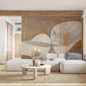 Papier Peint Abstrait Formes Organiques Textures Nuancées Beige Doré