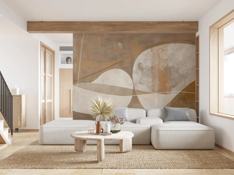 Papier Peint Abstrait Formes Organiques Textures Nuancées Beige Doré – Main