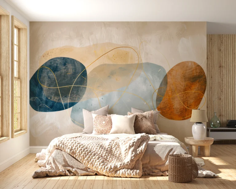 Papier Peint Abstrait Formes Organiques Bleu Terracotta Doré – Main