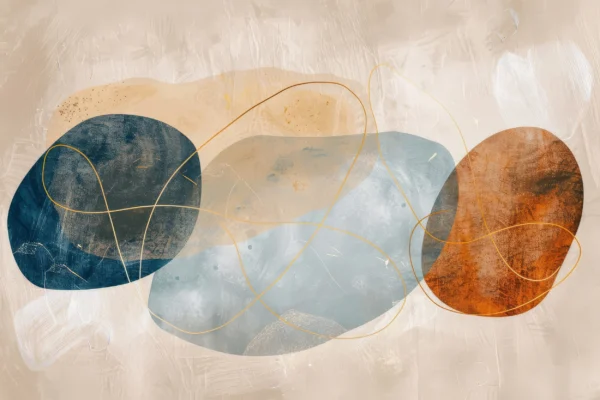 Papier Peint Abstrait Formes Organiques Bleu Terracotta Doré – Wallpaper