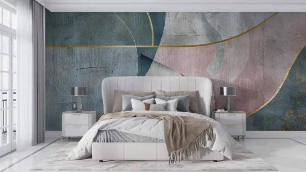 Papier Peint Abstrait Géométrique aux Nuances Bleu Gris et Rose – Gallery