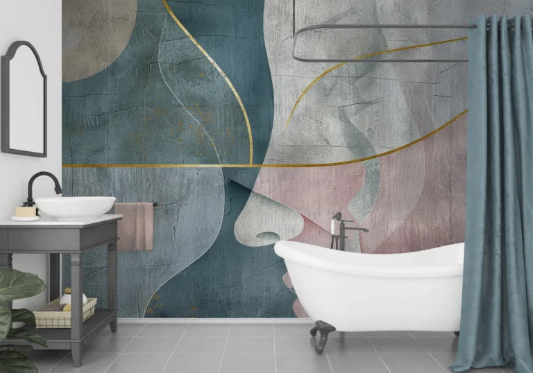 Papier Peint Abstrait Géométrique aux Nuances Bleu Gris et Rose – Main