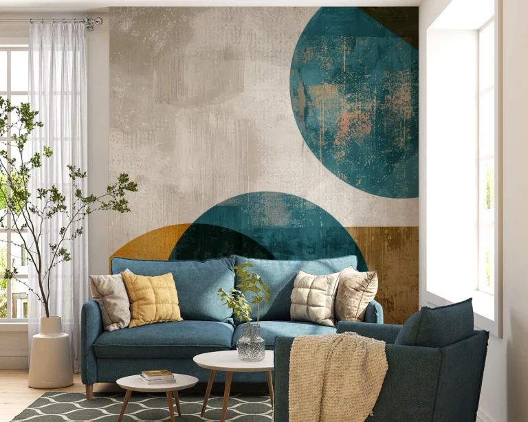 Papier Peint Abstrait Géométrique Moderne Bleu Ocre Vintage – Main