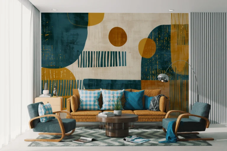 Papier Peint Abstrait Géométrique Bleu Ocre Moderne Contemporain – Main