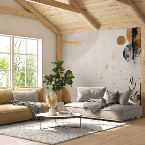 Papier peint abstrait moderne beige doré avec motifs organiques contemporains