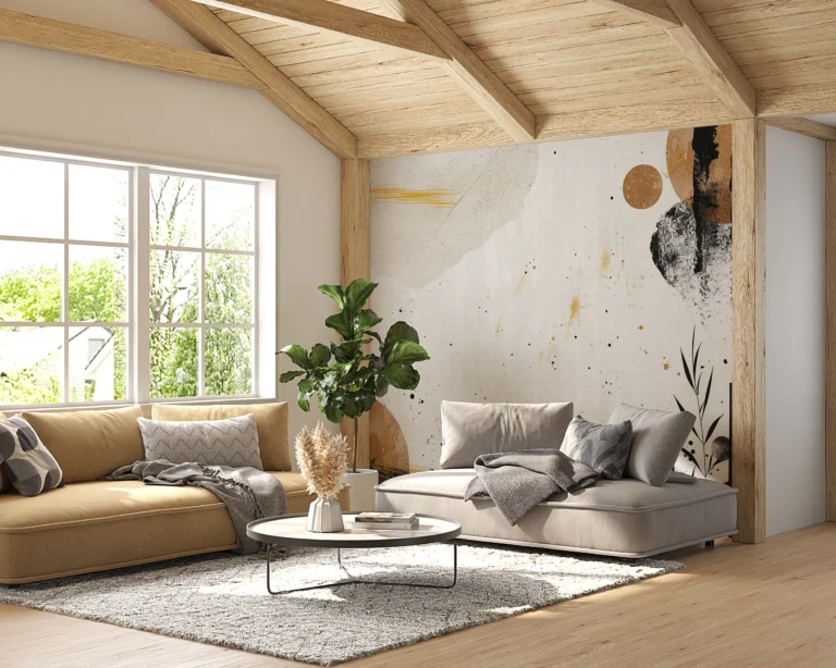 Papier peint abstrait moderne beige doré avec motifs organiques contemporains – Main