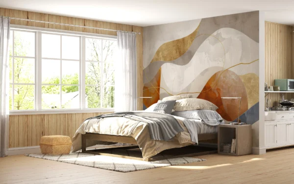 Papier Peint Abstrait Moderne aux Formes Organiques Dorées – Gallery