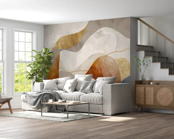 Papier Peint Abstrait Moderne aux Formes Organiques Dorées – Gallery