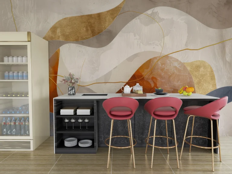 Papier Peint Abstrait Moderne aux Formes Organiques Dorées – Main