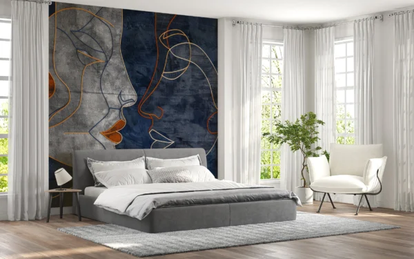 Papier Peint Artistique Visages Abstraits Bleu Orange Moderne – Gallery
