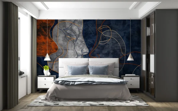 Papier Peint Artistique Visages Abstraits Bleu Orange Moderne – Gallery