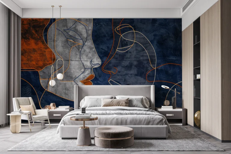 Papier Peint Artistique Visages Abstraits Bleu Orange Moderne – Main