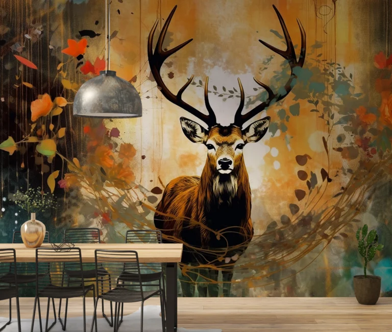 Papier Peint Cerf Majestueux avec Bois Automnal et Éclaboussures Artistiques – Main
