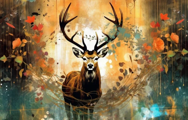 Papier Peint Cerf Majestueux avec Bois Automnal et Éclaboussures Artistiques – Wallpaper