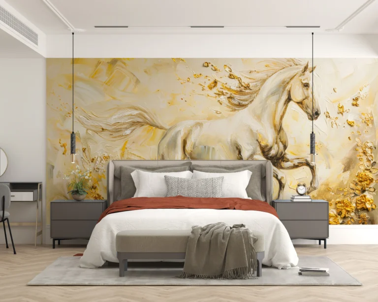 Papier Peint Cheval Blanc Doré Mouvement Artistique Luxueux – Main