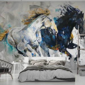 Papier Peint Chevaux Sauvages en Mouvement Style Abstrait Contemporain